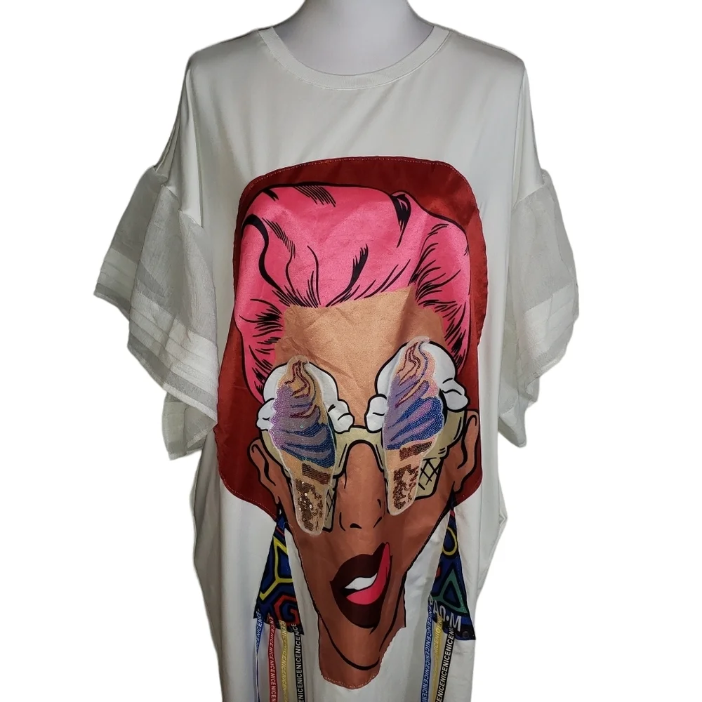 Novelty Print Sequin T-Shirt Mini Dress Size 2X ? Ice Cream Tassels Bell Sleeve - Picture 3 of 14